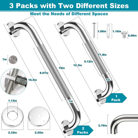 Rock Solid Stainless Steel Grab Bars 3 Pack Featuring Two Practical Sizes For Bathtubs And Showers Non Slip Senior Support Handles Quick Wall Install Bathroom Safety Game Changer with measurements and mounting details.