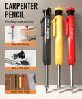 Slick Mechanical Carpenter Pencils Kit With Heavy Duty Construction Marking Tools And Woodworking Drafting Supplies Including A Center Punch And Carbide Scribe For Daily Shop Floor Grind showing three colored mechanical pencils with sharpener.