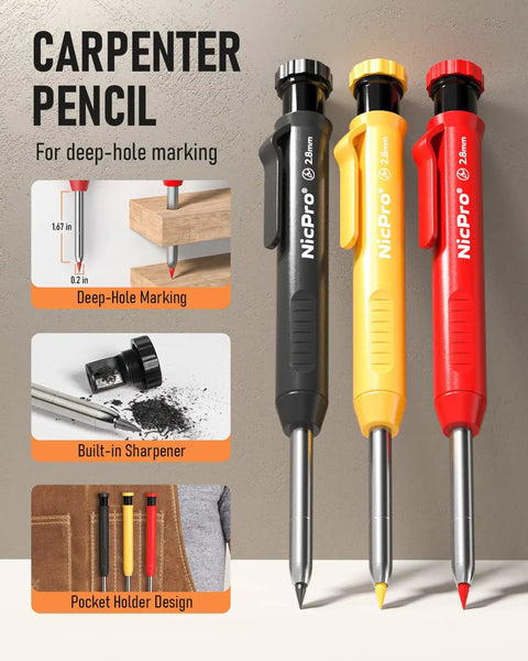 Slick Mechanical Carpenter Pencils Kit With Heavy Duty Construction Marking Tools And Woodworking Drafting Supplies Including A Center Punch And Carbide Scribe For Daily Shop Floor Grind showing three colored mechanical pencils with sharpener.