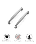 35 Pack Five Inch Solid Cabinet Handles For Kitchen Cabinets And Drawers In Satin Nickel Finish Five And A Half Inch Overall Length One Half Inch Width Fifteen Sixteenth Inch Projection Durable Nickel Hardware, showing two handles with anti-fingerprint and scratch resistance features.