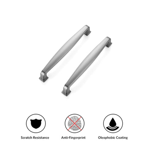 Solid Five Inch Cabinet Handles Fifty Pack In Brushed Nickel And Satin Nickel Drawer Pulls shown with scratch resistance and coating icons.
