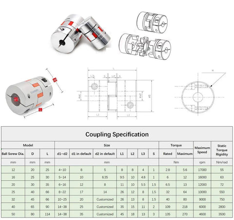 Diagram and specifications of flexible coupler for 25mm Anti-Backlash Ballscrew Kit SFU2510 RM2510 CNC Machines
