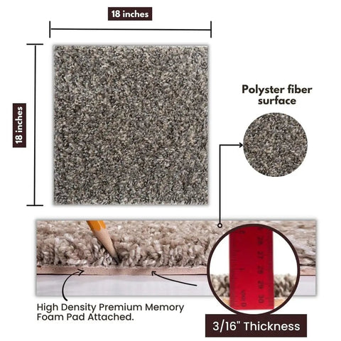 Premium Plush Carpet Tiles With Built In Padding 18x18 Inch Peel And Stick Floor Tiles showcasing polyester surface and foam backing.