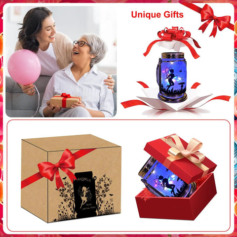 Gift-ready 2 Pack Solar Fairy Lanterns For Garden Decor; includes packaging and enchanting glowing mason jar with fairy design.