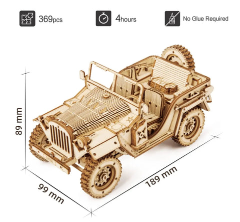 One Eighteen Scale Mechanical Car Puzzle Kit for Adults, DIY Wooden Model Vehicle Kit, Brain Teaser Toy, Perfect Gift for Guys and Gals on Birthday or Christmas, 89mm x 189mm wooden army field car