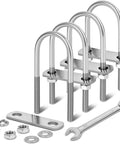 Four stainless steel M8 U-bolts with mounting plates, nuts and washers, plus wrench for boat trailer installation.