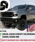 OEM Style Tow Hook Covers For 2020 To 2026 Silverado 2500 3500 HD With Silicone Rubber Black Finish, shown with truck.