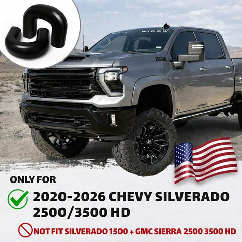 OEM Style Tow Hook Covers For 2020 To 2026 Silverado 2500 3500 HD With Silicone Rubber Black Finish, shown with truck.
