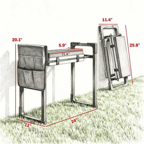 2 In 1 Garden Kneeler And Seat With Thick Cushion And Tool Pouch Wider 15.4 Inch Foldable Outdoor Bench dimensions shown.