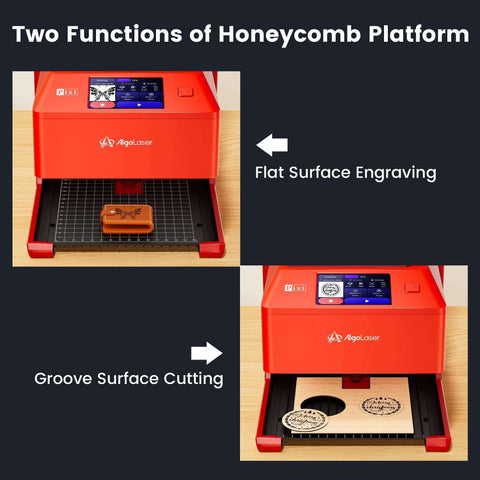 AlgoLaser 3W smart laser engraver, red unit; flat-surface engraving on leather item and groove-cut wood board.
