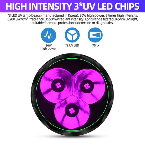 Close-up of 365nm Blacklight Flashlight With 36W Rechargeable Power, featuring 3-LED UV spotlight for urine detection and resin curing.