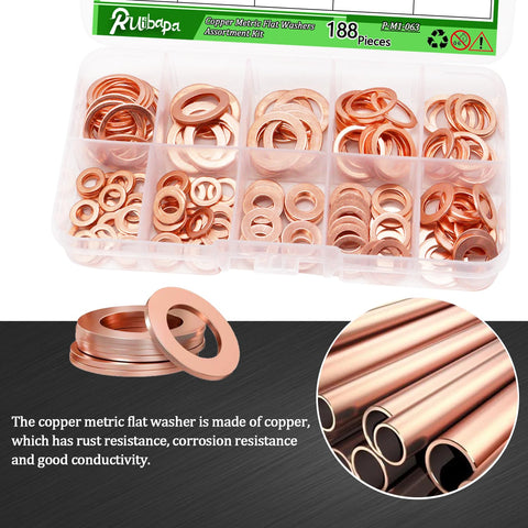 Copper Crush Washer Set 188 PC Oil Drain Plug Sealing Washers Kit In 9 Sizes M5 M6 M8 M10 M12 M14 With Rust Resistant Copper