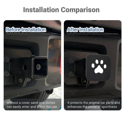 Before and after installation of 2 Inch Trailer Hitch Cover With Dog Paw Design Rubber Dustproof Waterproof Plug for square receivers.