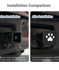 Installation comparison showing 2 Inch Trailer Hitch Cover Dog Paw Rubber Plug To Protect Tow Hitch Square Receiver Easy To Install And Fits Most Rigs SUV RV Pickup ATV Buckle Type Design For Dust Rain Debris Shield