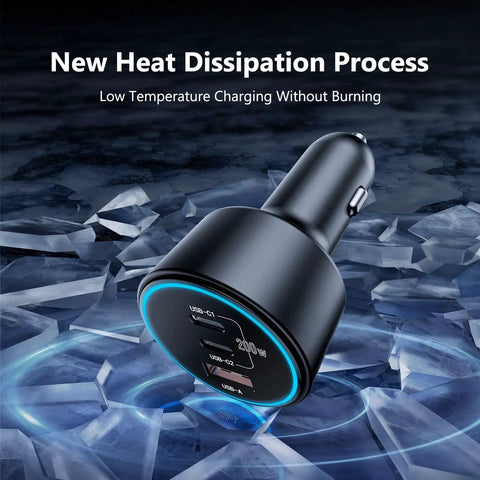 Beast 200W USB-C Car Charger With Dual 100W Type-C Ports And USB-A 60W PD3.0 QC4.0 PPS on icy background highlighting heat dissipation