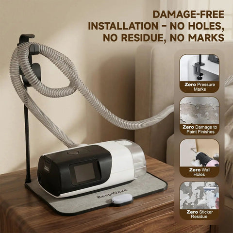 Must Have Bedside CPAP Hose Organizer With Absorbent Mat And Night Light Retractable Hook set on wooden nightstand