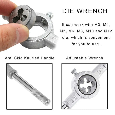Close-up of Eight Piece Metric Die Set With Screw Die And Knurled Die Stock Holder For M3 To M12 Threading Rethreading External Thread Cutting