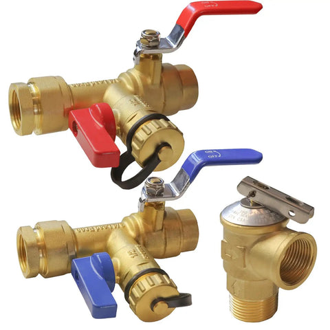 Three Quarter Inch IPS Isolator Tankless Water Heater Valve Kit With Pressure Relief Valve Includes Hot And Cold Isolation Valves
