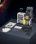 180W Automatic Wire Stripper Machine With Five Blades and accessories, including dual feed plates and foot pedal, on display