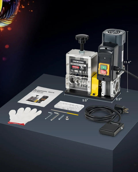 180W Automatic Wire Stripper Machine With Five Blades and accessories, including dual feed plates and foot pedal, on display