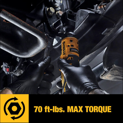 Heavy Duty Brushless Cordless Ratchet 1/2 Inch Drive 20V Max Tool With Smooth Shifting Action And Built In Led Work Light Tough Glass Nylon Build No Sweat Wrenching For Mechanics And Weekend Warriors Bare Tool in use with wrench