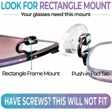 Quality Silicone Nose Pads For Glasses Replacement Teardrop Medium 15mm Push In Mount showing rectangle frame mount and push-in pad.