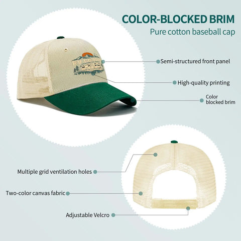 RV Pilot Hat for Road Trips and Camper Vacations Dope Outdoors Cap with beige fabric, green brim, mesh back, and Velcro strap.