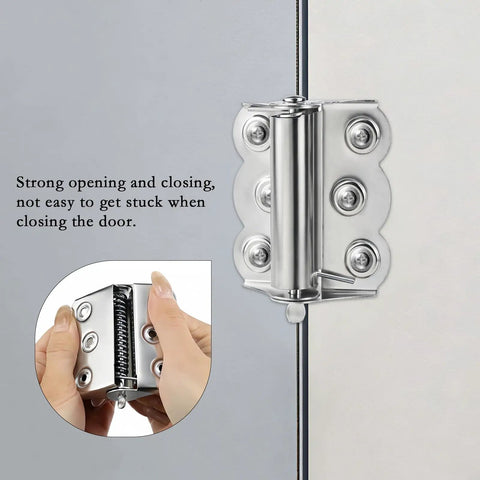 Spring Loaded Stainless Steel Screen Door Hinges Set For Storm Doors, 2 Pack, shown mounted on door with close-up detail.