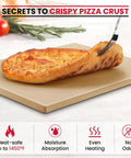Heavy Duty Cordierite Pizza Stone For Oven And Grill Thermal Shock Resistant Baking Stone 15 By 12 Inch with pizza on top and icons showing features.