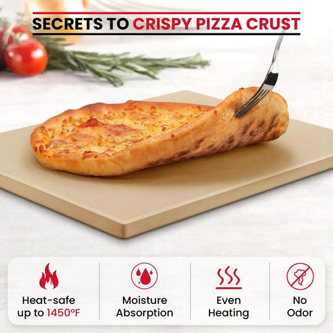 Heavy Duty Cordierite Pizza Stone For Oven And Grill Thermal Shock Resistant Baking Stone 15 By 12 Inch with pizza on top and icons showing features.