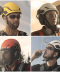 Various workers wearing safety helmets, illustrating H1 V Gard Safety Helmet with Fas Trac III Ratchet Suspension features.