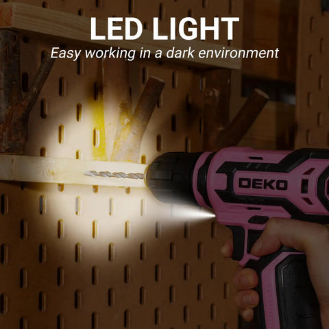 12V Cordless Drill Kit With Pink Design And LED Light 800 RPM Power Drill set used on wood with LED light highlighting work area