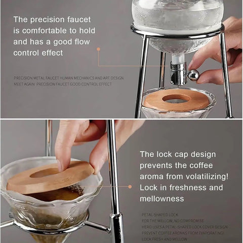 Skip The Coffee Shop Line With This Adjustable Cold Brew Drip Tower Featuring A Precision Flow Valve And Durable Heat Resistant Stainless Rack For Silky Homemade Sips, showcasing the precision faucet and lock cap design.