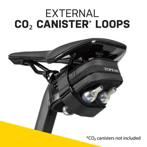 Black Elementa GearBag Under-Seat Bike Bag With Dual Compartments Quick Access Rail Wing System attached under saddle.
