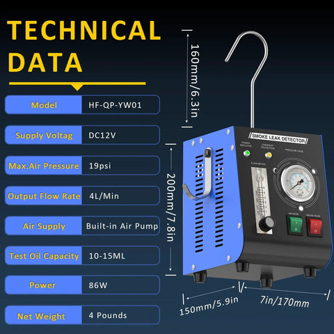 Leak Detection Smoke Machine With Built In Air Pump And Flow Meter 19 PSI Dual EVAP Mode Pro Grade Diagnostic Tester Kit For All Vehicles Pipe Systems ATVs Boats And Motorcycles, technical data image