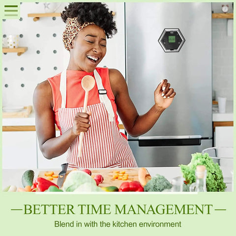 Woman cooking in kitchen with Flip Timer For Kitchen And Home With Quick Presets 1 5 10 25 30 60 Minutes on fridge