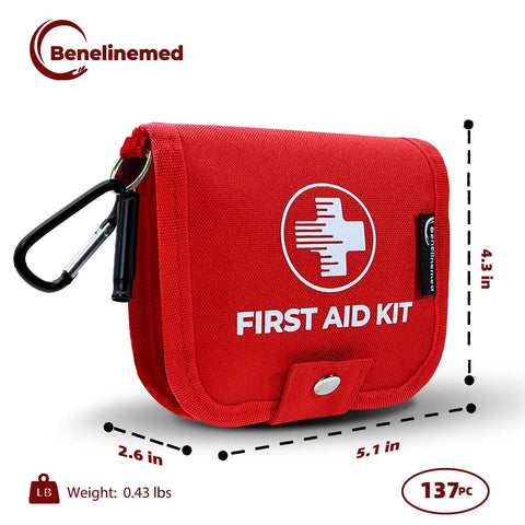 Benelinemed mini red first aid kit pouch with carabiner, 137-piece emergency medical kit