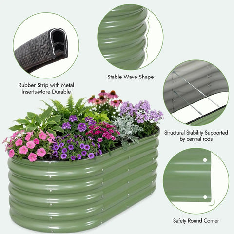 Green Galvanized Raised Garden Bed Kit Four By Two By Seventeen Inch Tall Beefy Back Friendly Metal Planter with flowers.
