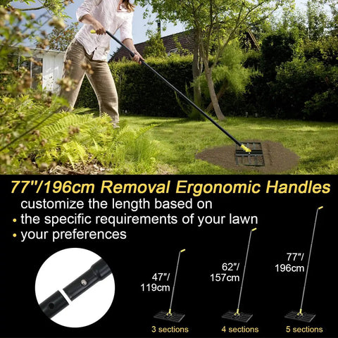 Person using Lawn Leveling Rake 17 By 10 Inch With 77 Inch Adjustable Curved End Grip Handle on a lawn