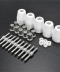 Get A Killer Plasma Cutter Set With Top Tier Electrodes Tips Shield Cups Plus Gas Rings For PT-31 JG-40 Machines To Keep Your 40A Cuts Slicke. White ceramic cups and metal electrodes in a complete plasma cutting parts kit.