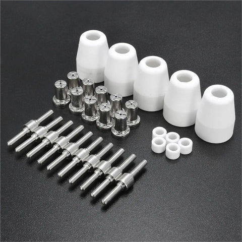 Get A Killer Plasma Cutter Set With Top Tier Electrodes Tips Shield Cups Plus Gas Rings For PT-31 JG-40 Machines To Keep Your 40A Cuts Slicke. White ceramic cups and metal electrodes in a complete plasma cutting parts kit.