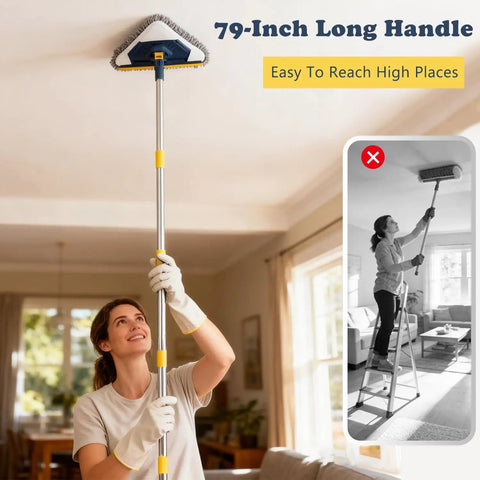 Woman using 5-In-1 Wall Cleaning Mop With Long Reach Handle to clean ceiling, showing ease of reaching high places.