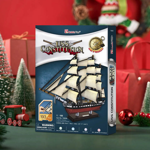 USS Constitution 3D Ship Puzzle For Adults And Teens Realistic Sailing Boat Model Kit 193 Pieces box with festive decor