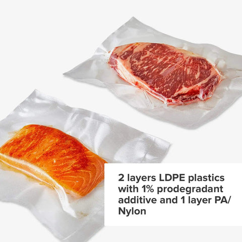 Precision Vacuum Sealer Bags Pre Cut 8.6 By 11.8 Clear Easy Tear Tops Pack Of 50 with steak and salmon sealed inside
