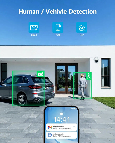 Top Shelf 4K 8MP Poe PTZ Outdoor Security Camera delivering a legit 20X optical zoom, capturing human and vehicle detection at a home entrance.