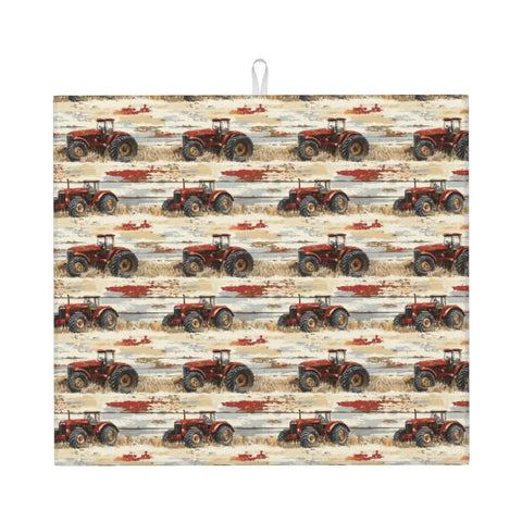 Wood Grain Tractor Print Dish Drying Mat For Kitchen Counter With Ultra Absorbent Microfiber Surface, 16x18 Inches