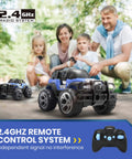 1 18 Scale RC Off Road Monster Truck With 2.4Ghz Radio, 80 Minute Playtime, LED Lights, Storage Case, Blue SUV toy in action