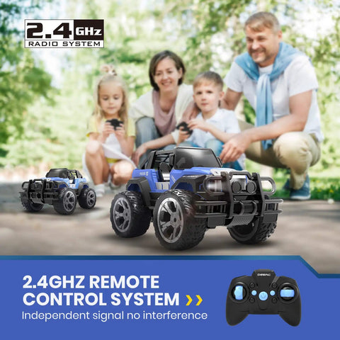 1 18 Scale RC Off Road Monster Truck With 2.4Ghz Radio, 80 Minute Playtime, LED Lights, Storage Case, Blue SUV toy in action