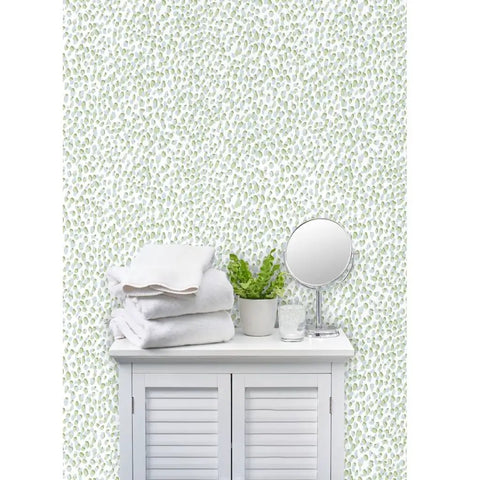 Killer Blue Green Modern Wallpaper With Hella Smooth Matte Linen Finish And Totally Eco Safe Build Built Damn Solid For Any Kitchen Bathroom Or Commercial Space Featuring Pro Level Paste To Paper Application And Fresh Room Refresh Vibe, displayed in a bathroom with folded towels and a plant.