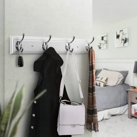 White Wall Mounted Coat Rack With Four Heavy Duty Hooks 17 Inch Wooden Modern Hanger For Coats Keys Bags And More Zinc Alloy Construction